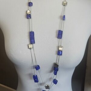 Charming Charlie Long Necklace Silver Tone Chain Blue Bead Modern‎